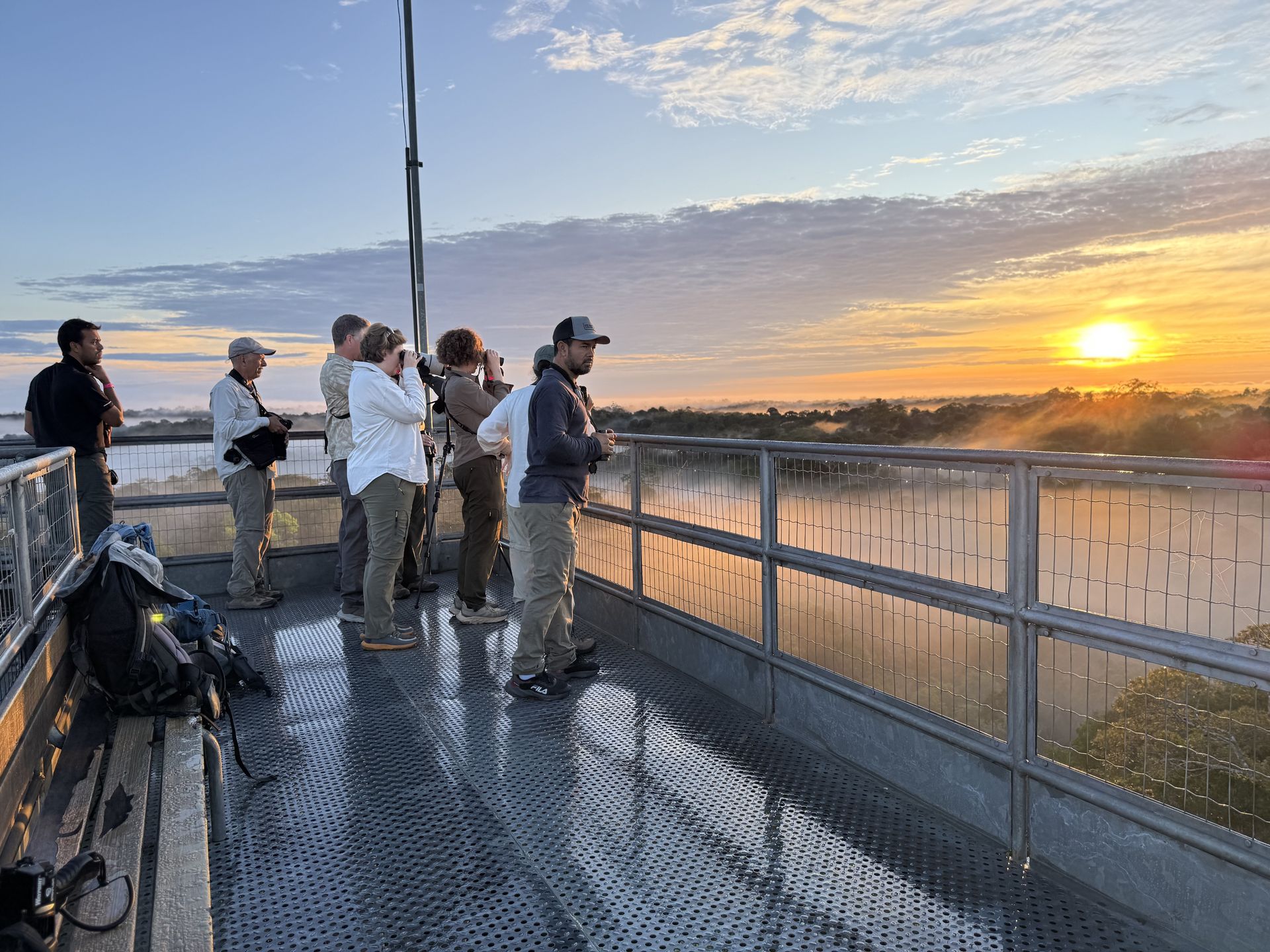 Birdwatchers at sunrise on the Amazon canopy observation tower — Ducke Reserve, Manaus