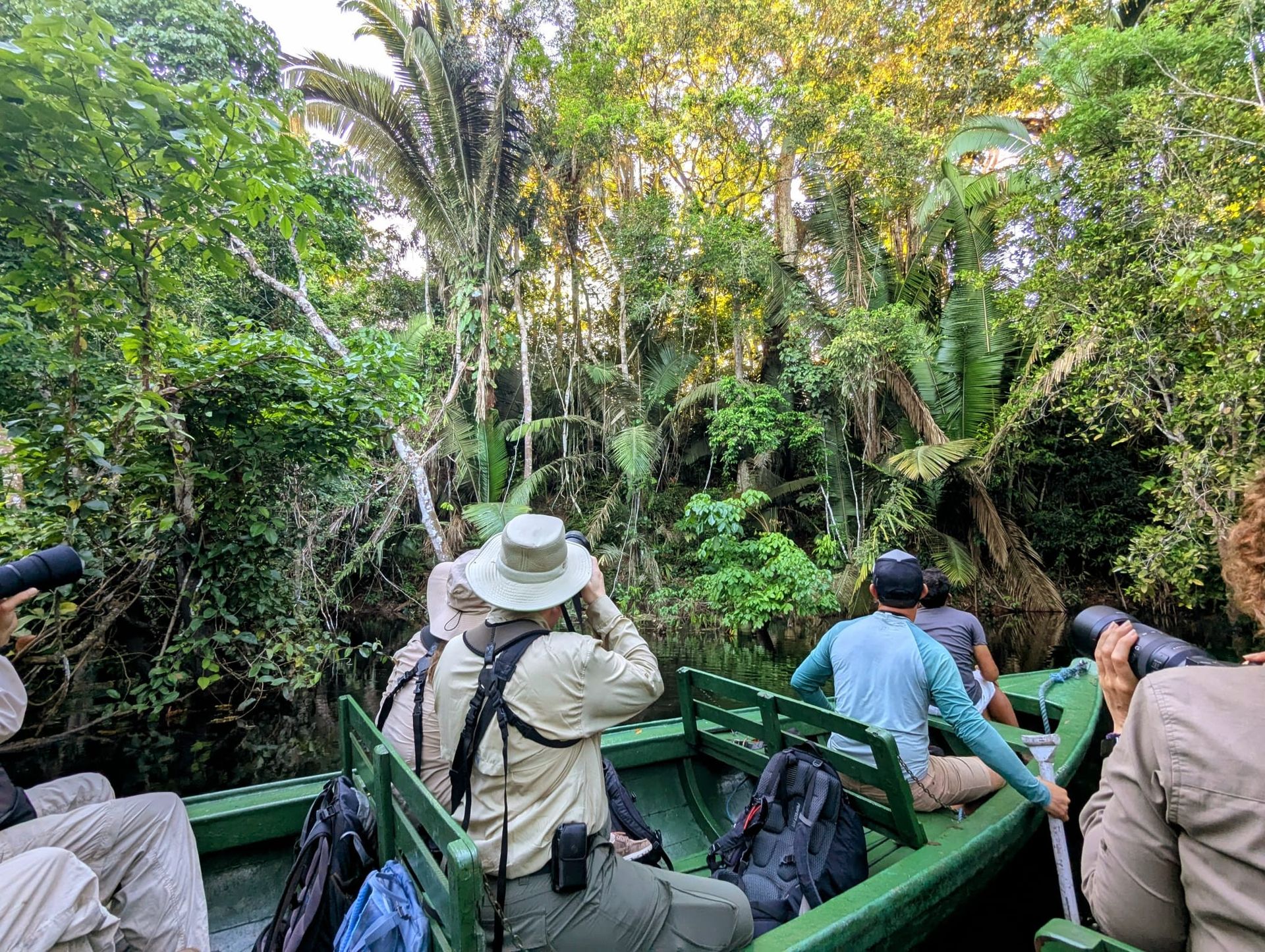 Guests paddling a canoe through a narrow igarapé